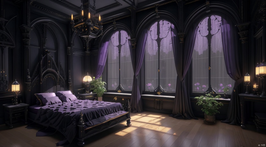  indoor,a bedroom,bedroom,purple and black room,Wide double bed,vase,The flowers in the vase,candlestick,Candles burning on the candlestick,(Gothic style:1.5),French window,Simple french window,Tied up sheer curtains,Open Windows,Open french window,night,The Moon and Forest Outside the Window,moon,moonlight,forest,architecture,intersting lights and shadows,ultra realistic, unreal engine 5, studio lighting, cinematic, High Detail, dramatic, cinematic, 8k, highres , extremely detailed CG unity 8k wallpaper, realistic, masterpiece, highest quality, lens flare, unreal engine, trending on ArtStation, Intricate, High Detail, realism, beautiful and detailed lighting, shadows, bedroomai, gothic, ais-crsd