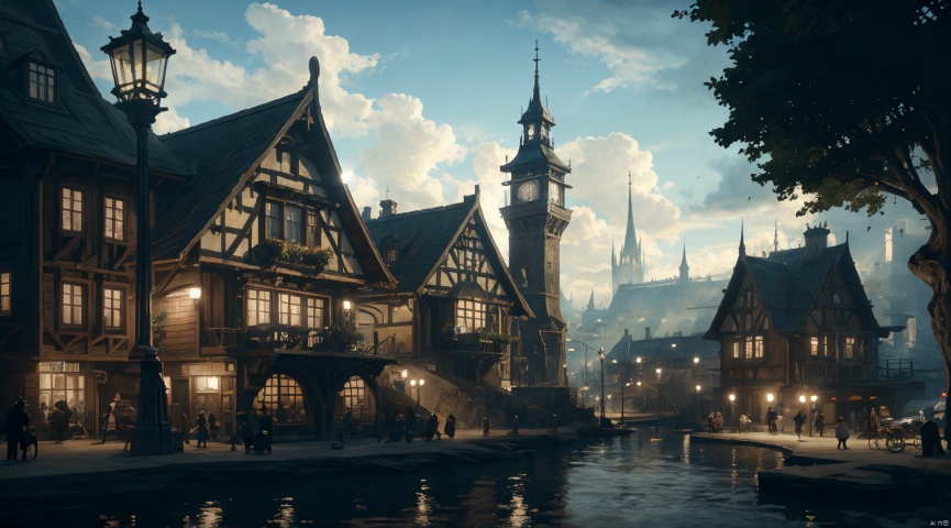  realistic, masterpiece, best quality, cinematic, dynamic lighting, natural shadow, ray tracing, volumetric lighting, highest detail, professional photography, detailed background,insane details, intricate, aesthetic,detailed matte painting,fantastic and intricate details,Bright color tones,Sunny Weather,fantasy concept art,8k resolution trending on Artstation Unreal Engine,medieval city,Compact architecture,Many people,Multiple buildings