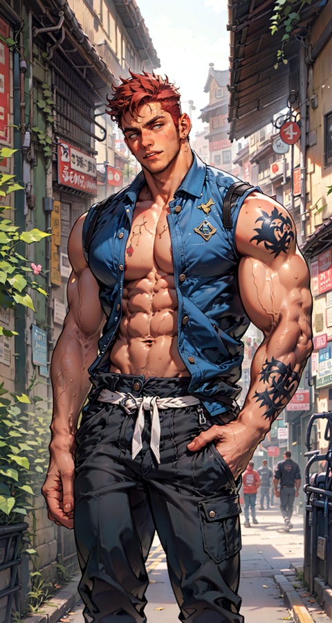  handsome male,upper body portrait,young,solo,big muscle,(thick arms),(big pecs),( long legs),slim,1male,slender waist,hands in pockets,red hair,an open black jacket,black vest,tattoos on arms