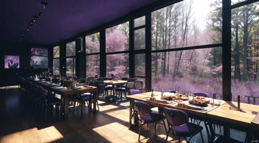  indoor,restaurant,purple and black room,dining-table,(Abundant food on the dining:1.6) table,chair,Simple french window,sliding doors, lamp, architecture,(Gothic style:1),French window,Simple french window,Tied up sheer curtains,Open Windows,Open french window,bright warm sunlight,The lakes and Forest Outside the Window,lakes,forest,intersting lights and shadows,8k hd, (highly detailed background, amazing background),(masterpiece), best quality, ultra detail, (intricate detail),dynamic lighting, perfect lighting, detailed shadows,(wide dynamic range:1.5)