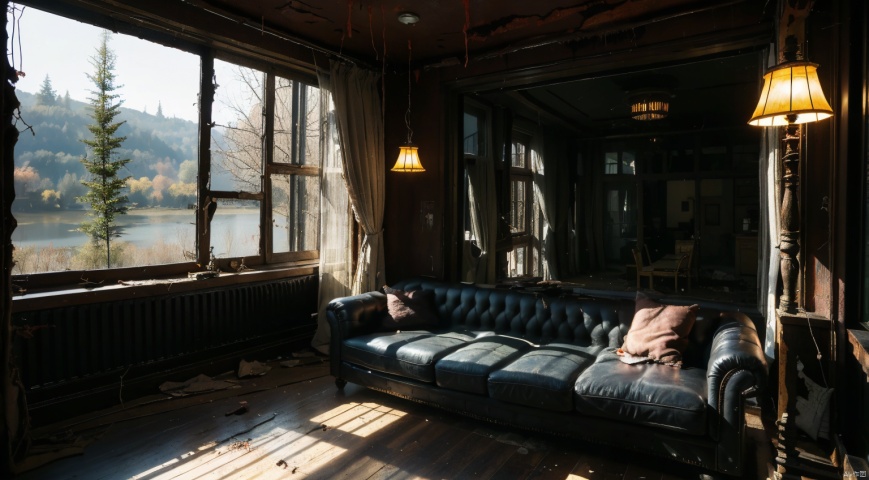 indoor,A dilapidated interior,dilapidated room,(A dark and terrifying environment:1.6)(ruins:1.6),A tattered sofa,A rundown table,A tattered chair,Simple french window,A dilapidated door, lamp,(Victorian style decoration:1.5),French window,Simple french window,Worn curtains,Open Windows,Open french window,(The lakes and Forest Outside the Window:1.5),lakes,forest,8k hd,highly detailed background,best quality, ultra detail,perfect lighting,detailed shadows