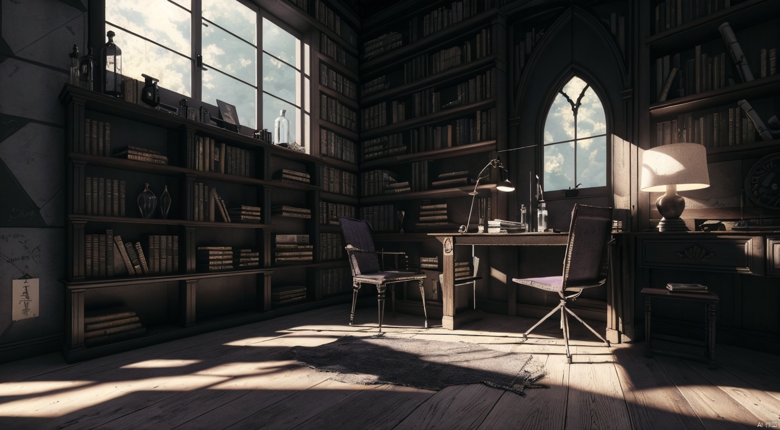  indoor,a study,study,purple and black room,Bookcase,(A bookcase occupying an entire wall:1.6),sofa,table,desk,chair,Simple french window,sliding doors,test tube,Various colored reagents in test tubes,(Gothic style:1),French window,Simple french window,Tied up sheer curtains,Open Windows,Open french window,bright warm sunlight,The lakes and Forest Outside the Window,lakes,forest,intersting lights and shadows,4k hd, (highly detailed background),(masterpiece), best quality, ultra detail, (intricate detail),dynamic lighting, perfect lighting, detailed shadows,(wide dynamic range:1.5), gothic