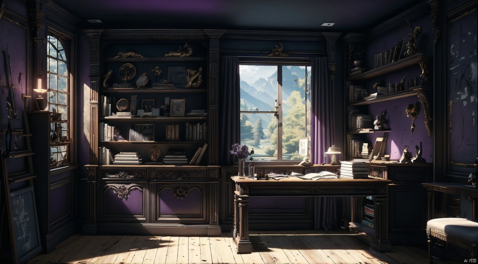  indoor,a study,study,purple and black room,Bookcase,(A bookcase occupying an entire wall:1.6),sofa,table,desk,chair,Simple french window,sliding doors,test tube,Various colored reagents in test tubes,(Gothic style:1),French window,Simple french window,Tied up sheer curtains,Open Windows,Open french window,bright warm sunlight,The lakes and Forest Outside the Window,lakes,forest,intersting lights and shadows,4k hd, (highly detailed background),(masterpiece), best quality, ultra detail, (intricate detail),dynamic lighting, perfect lighting, detailed shadows,(wide dynamic range:1.5), gothic, cozy animation scenes