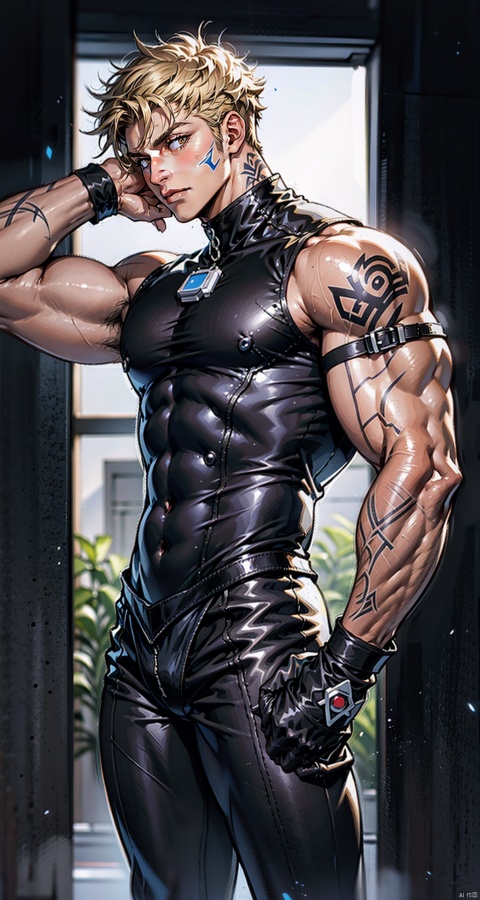  handsome male,upper body portrait,young,solo,big muscle,(thick arms),(big pecs),( long legs),slim,1male,slender waist,hands in pockets,abdominal muscle,blonde hair,black sleeveless high neck top,Black vest,Tattoos on arms,niji5, flamebringer (arknights), black bodysuit