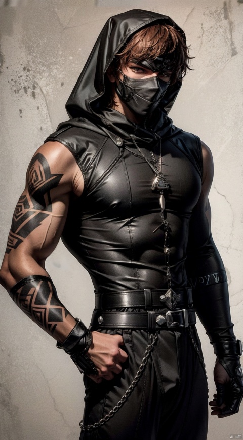  boy,Young male,A handsome boy,A strong boy,Young face,A wild smile,(Red short hair:1.6),(Wearing black high necked sleeveless tight fitting clothes:1.6),(Wearing a hood:1.6),(Wearing a black cloth mask:1.6),(Tight fitting clothing:1.6),(large pectorals:1.6),(The black tattoo on the arm:1.4),(Holding a dagger in hand:1.6),(The belt has many sharp metal pendants:1.6),broad shoulders,slender waist,Wide shoulders and narrow waist,abdominal muscle,(shiny skin:1),(dark skin:1.6),(long legs),(night:1.6),Middle Ages Alley,(A medieval alley at night:1.6),(A complex and detailed background),realistic,best quality,dynamic lighting,natural shadow,ray tracing,volumetric lighting,highest detail,detailed background,insane details,intricate,detailed face,detailed skin,subsurface scattering, leikete, black bodysuit, trailblazer