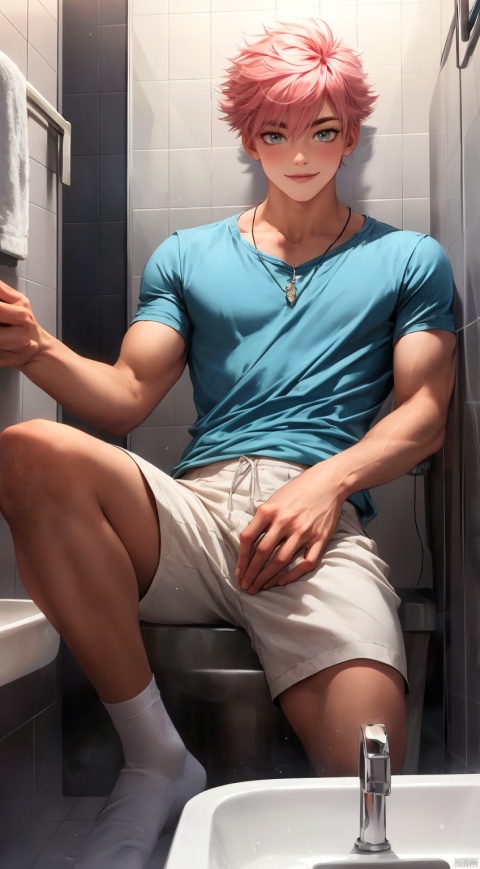  boy,Young male,A handsome boy,A strong boy,Young face, Male focus,Pink hair,A shy smile,bathroom, 1male, 1boy, shota, leikete
