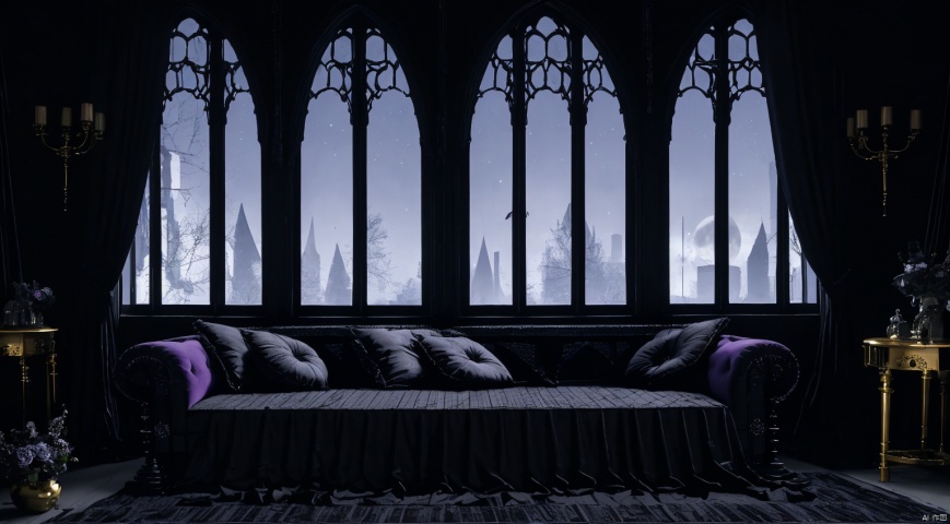 indoor,a bedroom,bedroom,purple and black room,Wide double bed,sofa,table,teacup,teapot,Tea set combination,vase,The flowers in the vase,candlestick,Candles burning on the candlestick,(Gothic style:1.5),French window,Simple french window,Sheer curtains,Open Windows,Open french window,night,The Moon and Forest Outside the Window,moon,moonlight,forest,architecture,intersting lights and shadows,(highly detailed background, amazing background),(masterpiece), best quality, ultra detail,digital painting, dynamic lighting, perfect lighting, detailed shadows, (wide dynamic range:1.5)
