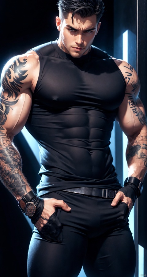  handsome male,upper body portrait,young,solo,big muscle,(thick arms),(big pecs),( long legs),slim,1male,slender waist,hands in pockets,(an open sleeveless jacket),(black vest),tattoos on arms, black bodysuit, fu, trailblazer, flamebringer (arknights)