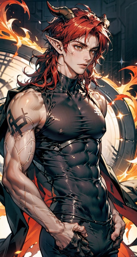  handsome male,upper body portrait,young,solo,big muscle,(thick arms),(big pecs),( long legs),slim,1male,slender waist,hands in pockets,abdominal muscle,Red hair,Black vest,Tattoos on arms,niji5, flamebringer (arknights),black bodysuit, hedelei,there are horns on the head