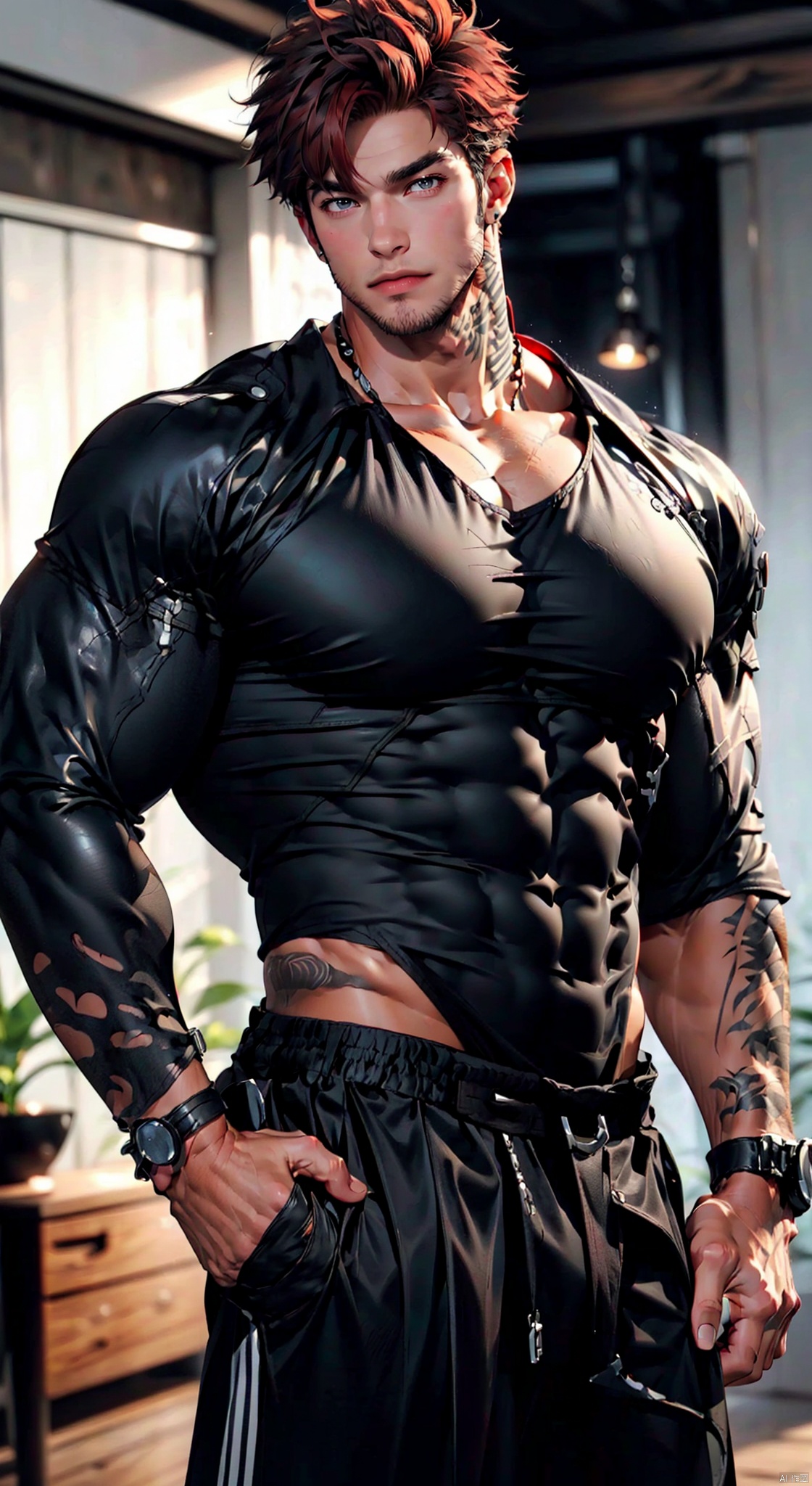  handsome male,naked upper body,upper body portrait,young,solo,big muscle,(thick arms),(big pecs),black shorts,( long legs),slim,1male,slender waist,fu,hands in pockets,abdominal muscle,Red hair,dark skin,
Tattoos on arms,(abs), topless,(obliques), trapezius, muscular,swimwear, black bodysuit