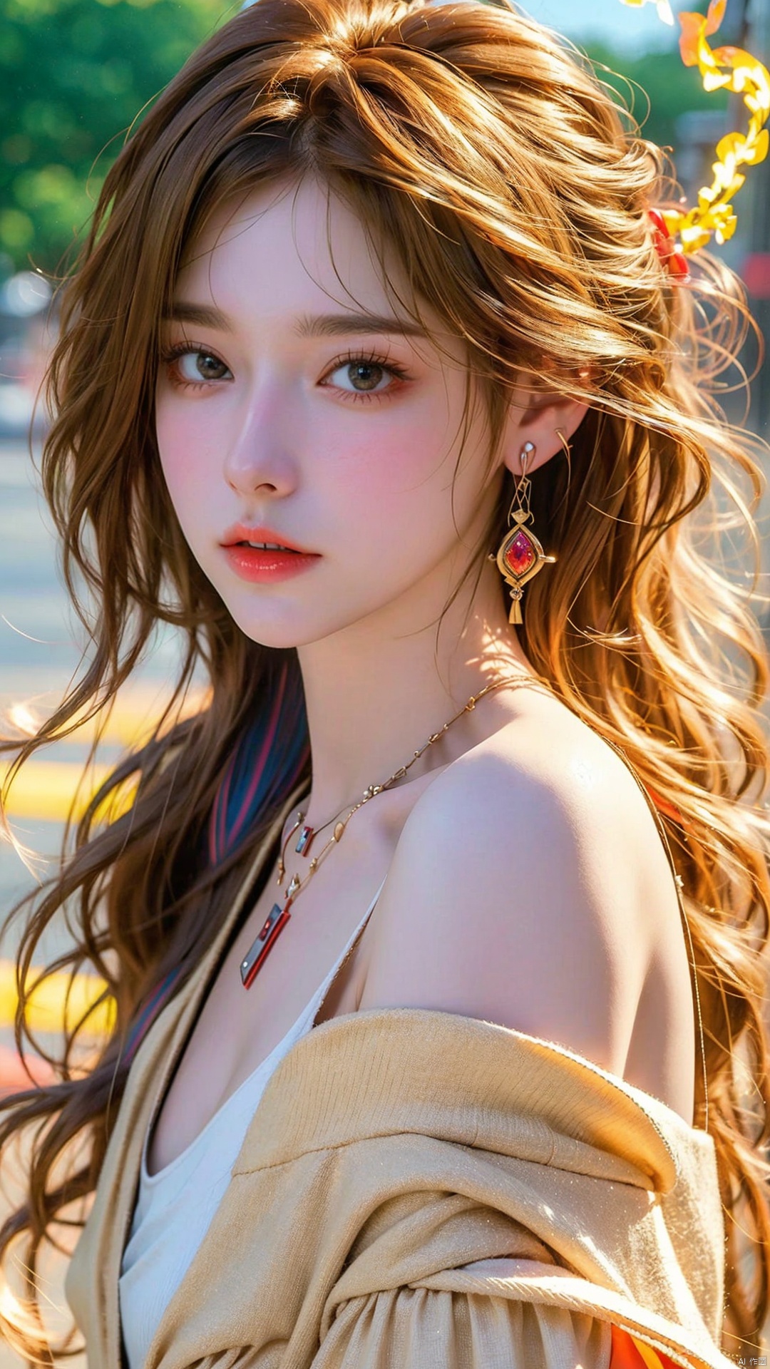  DSLR, (Good structure), HDR, UHD, 8K, 1girl,Bangs, off shoulder, colorful_hair, ((colorful hair)), , chest, necklace, earrings, floating hair, jewelry, sleeveless, very long hair,Looking at the observer, parted lips, pierced,energy,electricity,magic,sssr,blonde hair, Detail, eluosi