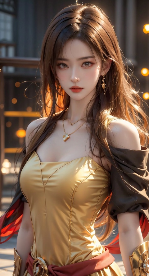  1girl,Bangs, red eyes,off shoulder, colorful_hair, ((colorful hair)), yellow eyes, chest, necklace, earrings, floating hair, jewelry, sleeveless, very long hair,Looking at the observer, parted lips, pierced,energy,electricity,magic,tifa,sssr,blonde hair,jujingyi, (gold armor), liuyifei