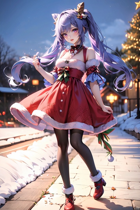  1girl,solo,keqing,full body,christmas costumes,long hair,twintails,hair rings,hair ornament,looking at viewer,purple eyes,purple hair,open mouth,best quality,masterpiece,ultra high res,Christmas,