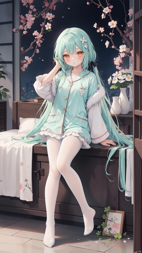  1girl,mint hair,orange eyes,clover hair ornament,long hair,disheveled hair,messy hair,plum blossoms,blue pajamas,branch,dragonfly,full body,mismatched legwear, white legwear, black legwear,pantyhose, xinniang, backlight, black pantyhose, white pantyhose, vibrantProj