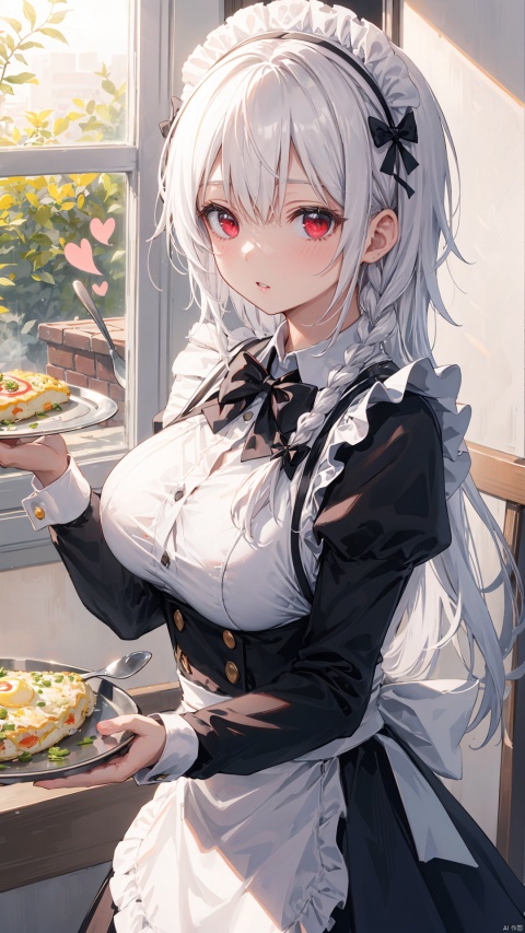  nai3, 1girl, red eyes, solo, food, heart, omelet, omurice, long hair, breasts, maid headdress, looking at viewer, braid, bow, white hair, black bow, shirt, black bowtie, large breasts, plate, holding, long sleeves, indoors, bowtie, frills, bangs, white shirt, maid, parted lips, window, tray, spoon, skirt, table, side braid