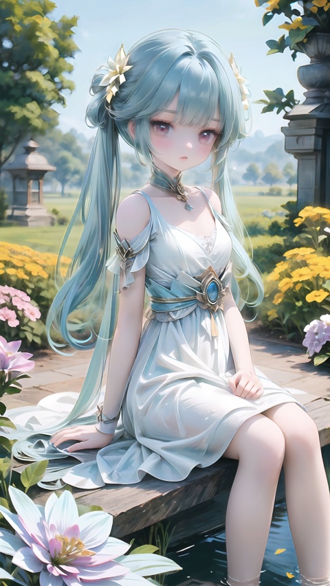  1girl,(girl middle of flower:1.4),(pure skyblue hair, red eyes:1.5),clear sky,outside,ultra-detailed,best quality,extreme quality,Masterpiece,beautiful,pretty,sitting on the ground,(absurdly long hair, clear boundaries of the cloth:1.4),(pure white dress, pure white silk cloth:1.5),(ground of flowers, thousand of flowers, colorful flowers, flowers around her, various flowers:1.51),young,stunning,attractive,sundress,fantastic scenery,pure white shoes,fantasy,cool girl,backlight,