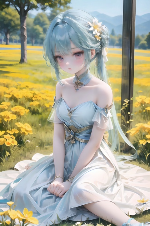  1girl,(girl middle of flower:1.4),(pure skyblue hair, red eyes:1.5),clear sky,outside,ultra-detailed,best quality,extreme quality,Masterpiece,beautiful,pretty,sitting on the ground,(absurdly long hair, clear boundaries of the cloth:1.4),(pure white dress, pure white silk cloth:1.5),(ground of flowers, thousand of flowers, colorful flowers, flowers around her, various flowers:1.51),young,stunning,attractive,sundress,fantastic scenery,pure white shoes,fantasy,cool girl,backlight,