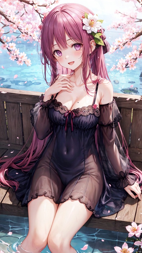  1girl, solo, breasts, long hair, flower, looking at viewer, water, dress, wet, smile, cleavage, see-through, sitting, white dress, purple eyes, petals, very long hair, wet clothes, bangs, blush, collarbone, bare shoulders, medium breasts, wet dress, off shoulder, open mouth, pink flower, hand up, thighs, mole, cherry blossoms, mole on breast, :d, hair ornament, white flower, bow, hair between eyes, long sleeves, underwear, lace trim