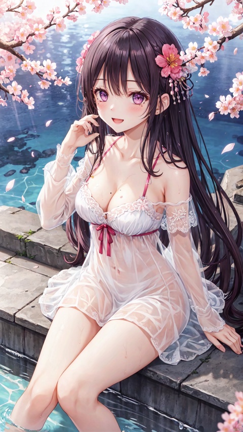  1girl, solo, breasts, long hair, flower, looking at viewer, water, dress, wet, smile, cleavage, see-through, sitting, white dress, purple eyes, petals, very long hair, wet clothes, bangs, blush, collarbone, bare shoulders, medium breasts, wet dress, off shoulder, open mouth, pink flower, hand up, thighs, mole, cherry blossoms, mole on breast, :d, hair ornament, white flower, bow, hair between eyes, long sleeves, underwear, lace trim