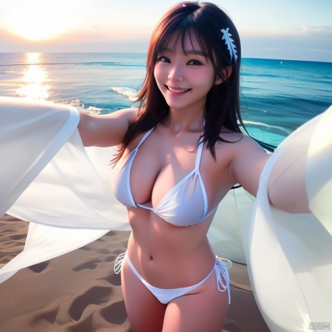 xxmix_girl, (wearing white bikini:1.4), (large breast:1.2), smile, a japanese woman take a selfie on a beach at sunset, the wind blowing through her messy hair, :), The sea stretches out behind her, creating a stunning aesthetic and atmosphere with a rating of 1.2.,xxmix girl woman, Girl