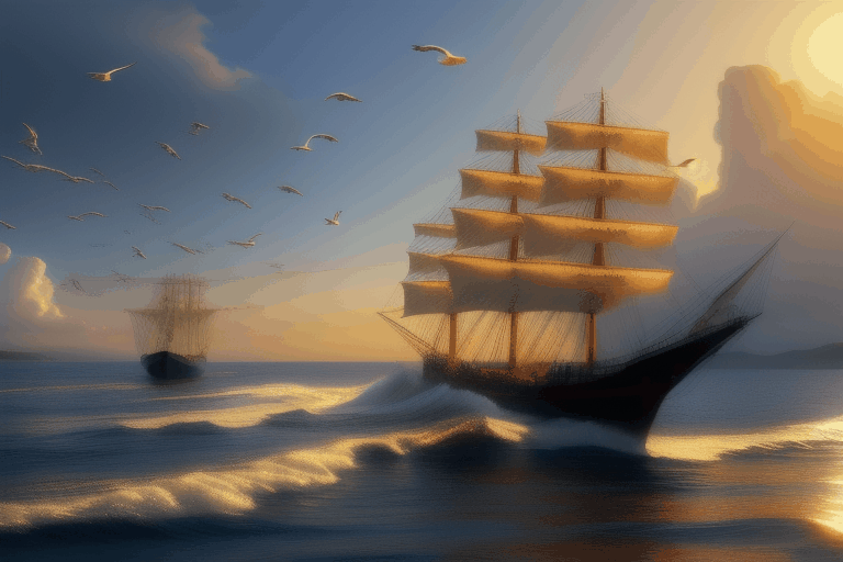 Master works, HD wallpaper, an ancient merchant ship, sailing ships, luxury, ship riding the waves in the sea, ship moving from west to east, the sun is setting, seagulls are flying on sky, fishes swimming in the distance
