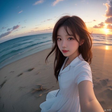 xxmix_girl,a woman takes a fisheye selfie on a beach at sunset, the wind blowing through her messy hair. The sea stretches out behind her, creating a stunning aesthetic and atmosphere with a rating of 1.2.,xxmix girl woman