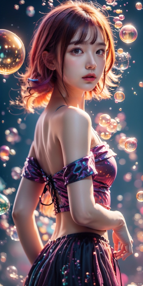  Colorful Girl, 1Girl,Colorful bubbles, multi colored bubbles,Close up, sideways, upper body, above buttocks, off the shoulder, strapless dress, black thin suspender, looking at the camera, short hair, purple gradient hair, gradient background, colorful bubble background, depth of field,hand,流光