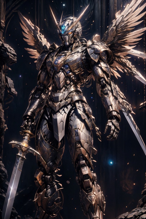  masterpiece,best quality,extremely high detailed,intricate,8k,HDR,wallpaper,cinematic lighting,(universe),(holding sword:1.3),glowing,armor,glowing eyes,mecha,large wings,流光