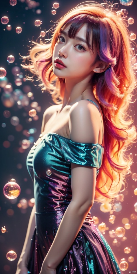  Colorful Girl, 1Girl,Colorful bubbles, multi colored bubbles,Close up, sideways, upper body, above buttocks, off the shoulder, strapless dress, black thin suspender, looking at the camera, short hair, purple gradient hair, gradient background, colorful bubble background, depth offield,hand,流光