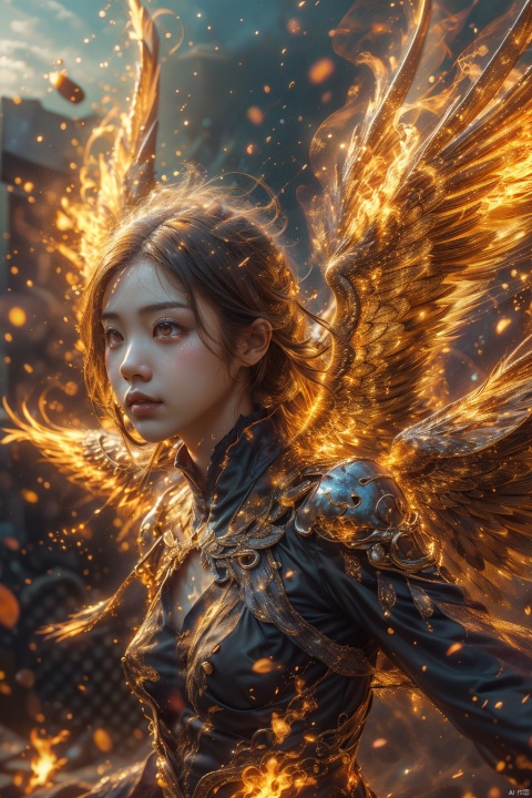  A girl , burning , the sky full of flames,wings,depth offield,流光