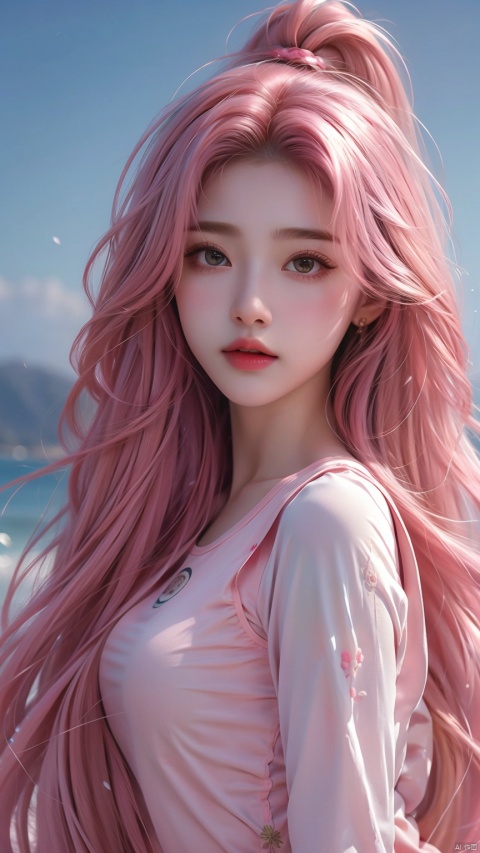 1 girl, pink long hair, wind blown hair, close-up, Tight yoga clothing, Half-body,流光