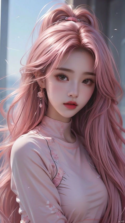  1 girl, pink long hair, wind blown hair, close-up, Tight yoga clothing, Half-body,流光