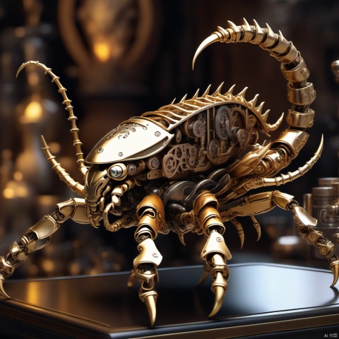 (scorpion:1.2),best quality,masterpiece,(Highly detailed:1.5),(Fronta view of a mechanical steampunk scorpion on a alchemistic table:1.2) , gold exoskeleton, alchemy, hyper realistic, settings, ultra sharp details, masterpiece, cyberAnimal, anime, circuitboard