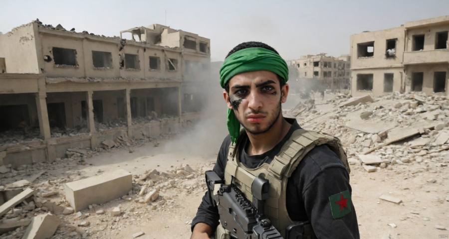 Ruins of the city after being bombed, fighters,Arab soldier 20-years-old, Black hood  inside green headband, only eyes and mouth exposed,Holding an ak47,Burning the American flag,perfect face,It's covered in dust, Only the eyes are still clean, Looking at the audience, Helpless, A puzzled look in the eyes, hell , 
, BJ_Gundam_SDXL, ak