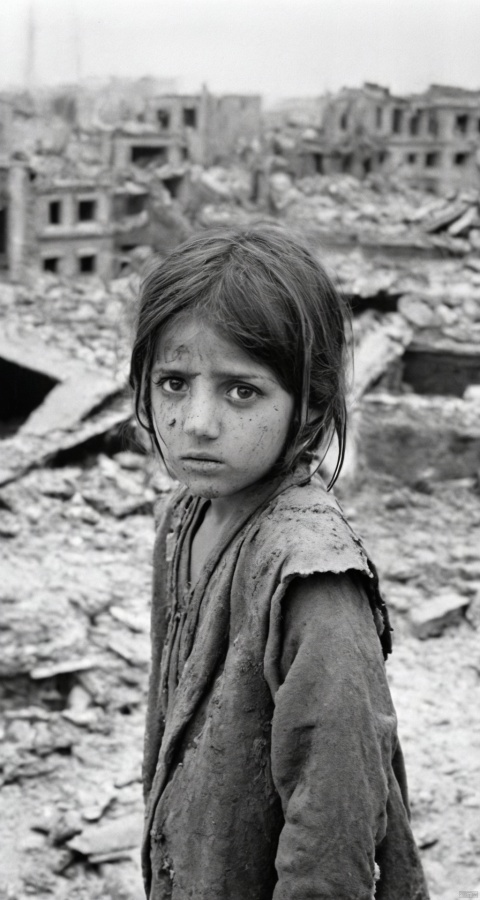  Ruins of the city after being bombed, A 10-year-old girl, It's covered in dust, Only the eyes are still clean, Looking at the audience, Helpless, A puzzled look in the eyes, hell