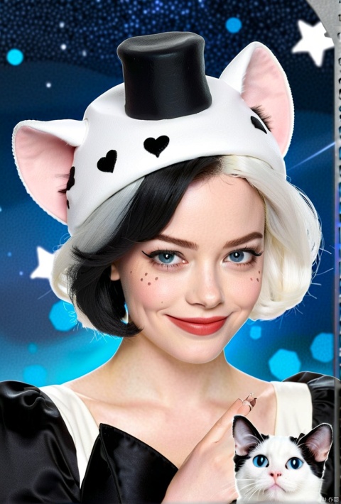 1girl, Cruella de Vil,Cruella,Emma Stone,Real person,cosplay,blue eyes, mole under eye,smile,hat,(Half black and half white hair),solo,looking away, stars background,Two hearts formed by fingers,twintails, cat ears,robot:1,dalmatians,
masterpiece:1.2,realistic:1.2,photo like image quality,super detailed,
