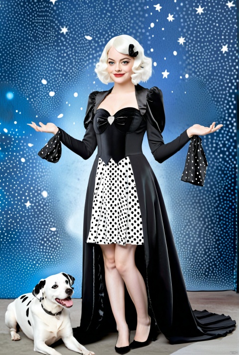 1girl, Cruella de Vil,Cruella,Emma Stone,Real person,cosplay,full body,blue eyes, mole under eye,smile,(Half black and half white hair),solo,looking away, wearing the iconic Victorian black dress
,stars background,Two hearts formed by fingers,twintails, 3_dalmatians_dogs,
masterpiece:1.2,realistic:1.2,photo like image quality,super detailed,
