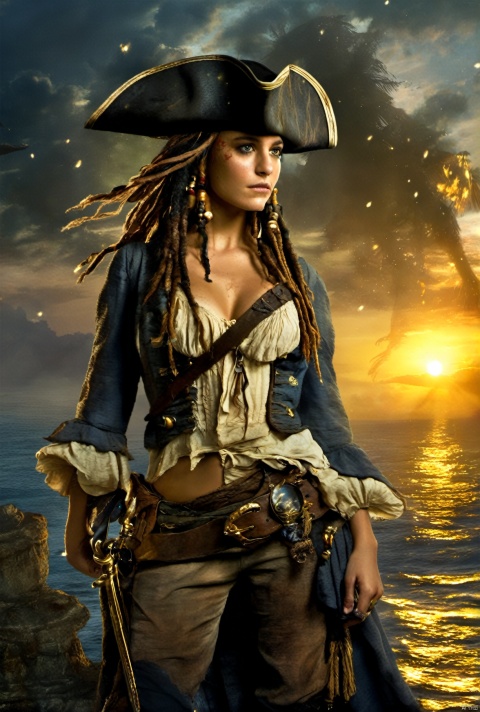  1girl,Pirates of the Caribbean,(nude body:0.5) cinematic , excellent lighting,star night,dawn,(Masterpieces:1.3), (real photos:1.3)