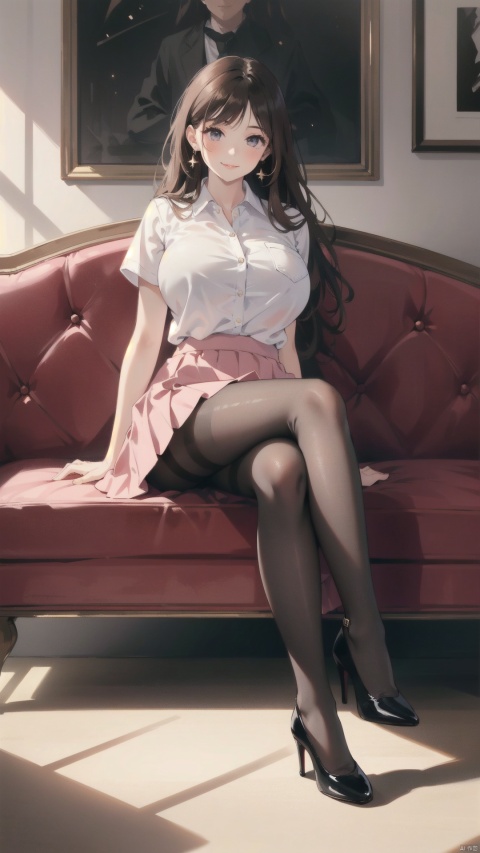  1girl, huge breasts,solo, long hair, looking at viewer, smile, skirt, brown hair, shirt, black hair, holding, jewelry, sitting, full body, white shirt, pantyhose, indoors, high heels, crossed legs, couch, pink skirt, watch, realistic, 1girl