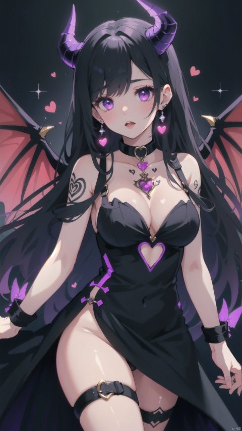  Masterpiece, best quality, ultra detailed, extremely detailed, sharp focus, 1 girl, dark purple mix black hair, purple mix demon purple eyes, a black mix purple demon horns, a sexy black mix pink mix purple sexy dress outfit, black sexy collar, hearts, sexy vampire tattoos around her, heart shaped earrings, glowing purple demon wings, vampire bats around her, bunnies around her, shiny, glitter, fashion jewelry, better face, better hands, black sexy collar, glowing effects, hearts, glowing demon horns, glowing demon wings, vampire mix demon sexy tattoos