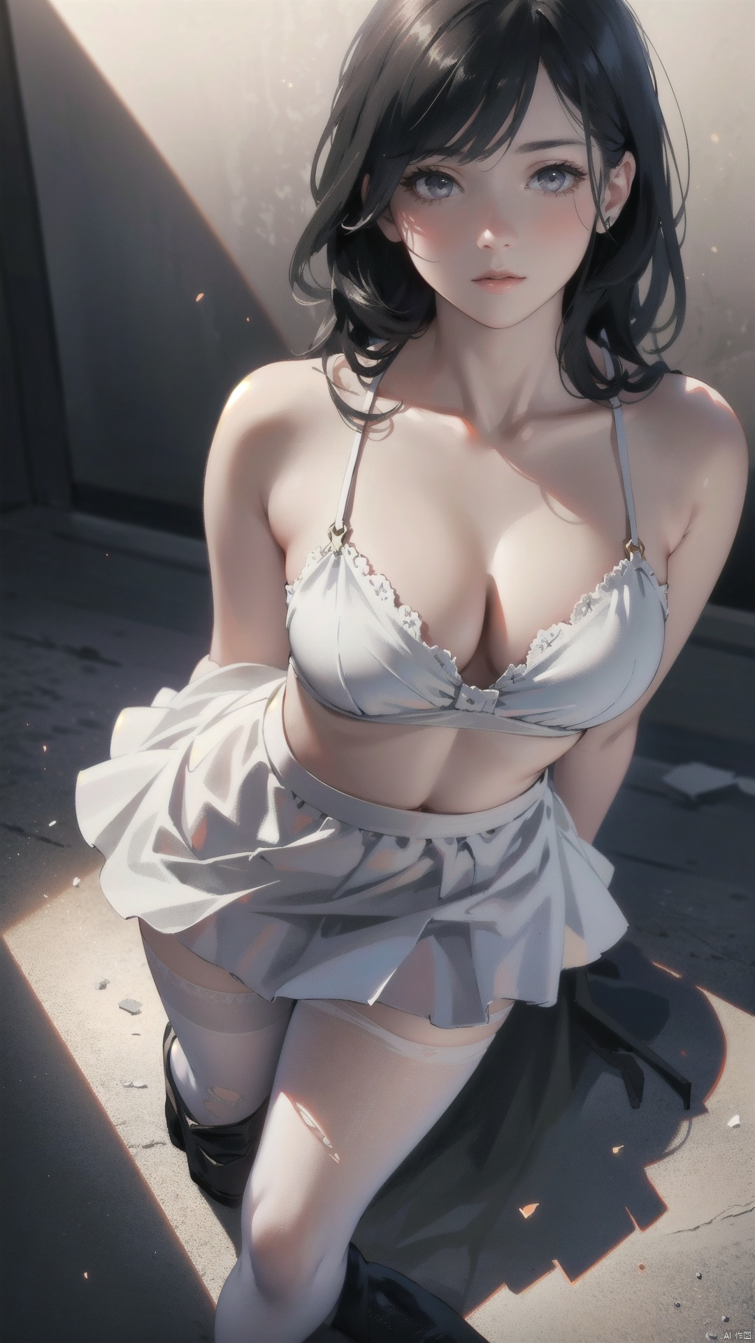  (8K, Original Photo, Best Quality, Masterpiece: 1.2), (Realistic, Photo Realistic: 1.3), Ultra Detailed, Extremely Detailed CG 8K Wallpaper, Shadow (Texture), Skin Gloss, Light Personality, (White Skin: 1.2), (Very Delicate and Beautiful), 1 Girl, Skirt, Ripped Stockings, Ripped Dress, Full Body,