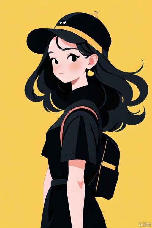 (masterpiece, top quality, best quality, official art, beautiful and aesthetic:1.2),jijian,doodle,1girl,(long curved hair),delicate face,fashion,red hat,black eyes,black hair,short dress,hair decorations,Dopamine color,backpack,dress,solid colors,shadow,layers,dark yellow background., jjmx