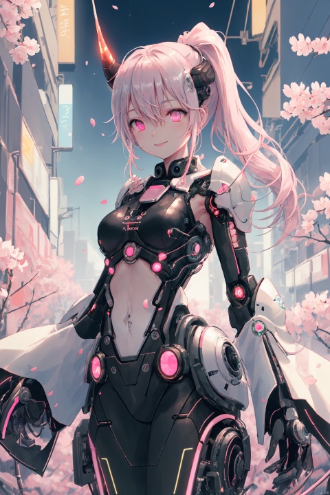 masterpiece,best quality,high quality,(colorful),[Artist miwano rag],[Artist chen bin],[Artist wlop],Artist Anmi,solo，White and pink，(cyberpunk)，A Biomime Girl，smile，silver white long hair, Mechanical Demon Horn, beautiful pink eyes,high ponytail, (hair between eyes), medium breasts，(Technology Machinery Chest), Mechanical headgear，Abdominal hollow，(Split sleeves), cherry blossom trees, cherry blossoms, petals, frosted, gilded embellishments, neon lights, technology energy tubes, glowing eyes, future technology, technology armor, circuit textures, LED lights, light strips, metal patterns