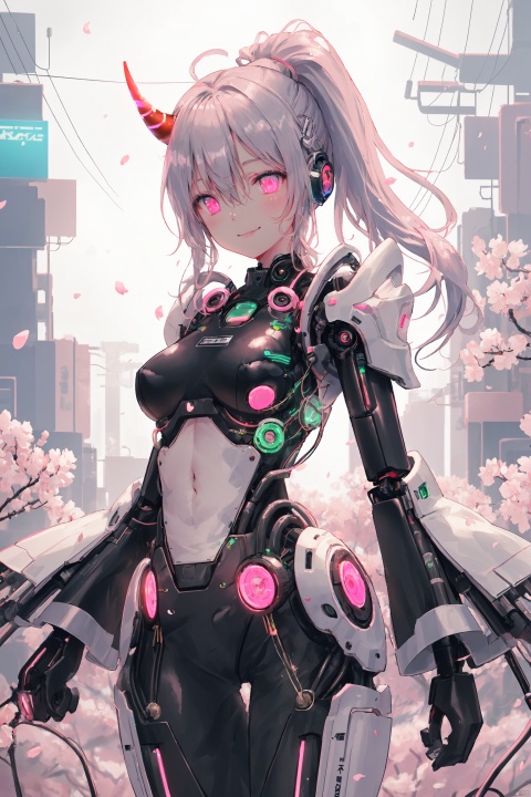 masterpiece,best quality,high quality,(colorful),[Artist miwano rag],[Artist chen bin],[Artist wlop],Artist Anmi,solo，White and pink，(cyberpunk)，A Biomime Girl，smile，silver white long hair, Mechanical Demon Horn, beautiful pink eyes,high ponytail, (hair between eyes), medium breasts，(Technology Machinery Chest), Mechanical headgear，Abdominal hollow，(Split sleeves), cherry blossom trees, cherry blossoms, petals, frosted, gilded embellishments, neon lights, technology energy tubes, glowing eyes, future technology, technology armor, circuit textures, LED lights, light strips, metal patterns