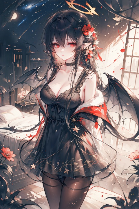  (masterpiece),(best quality),high quality,colorful,solo,1girl,straight hair,Black hair，long hair,colored inner hair,hair between eyes,red eyes，beautiful eyes，Red Thorn Halo，Bat wings，pointy ears,large breasts，Thorax, cleavage, clavicle，black choker，black nightgown，jacket，black pantyhose，night, stars, on the beach,arms behind back ,night, stars,Starlight, Milky Way, Universe, Planet,Flower bed, black flowers, red flowers, white flowers