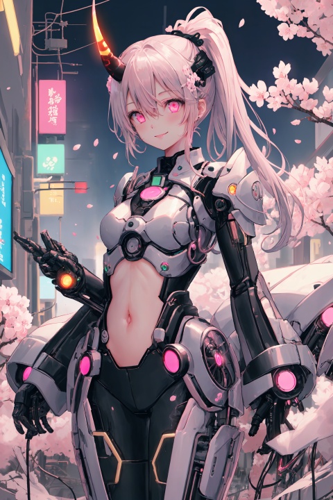 masterpiece,best quality,high quality,(colorful),[Artist miwano rag],[Artist chen bin],[Artist wlop],Artist Anmi,solo，White and pink，(cyberpunk)，A Biomime Girl，smile，silver white long hair, Mechanical Demon Horn, beautiful pink eyes,high ponytail, (hair between eyes), medium breasts，(Technology Machinery Chest), Mechanical headgear，Abdominal hollow，(Split sleeves), cherry blossom trees, cherry blossoms, petals, frosted, gilded embellishments, neon lights, technology energy tubes, glowing eyes, future technology, technology armor, circuit textures, LED lights, light strips, metal patterns