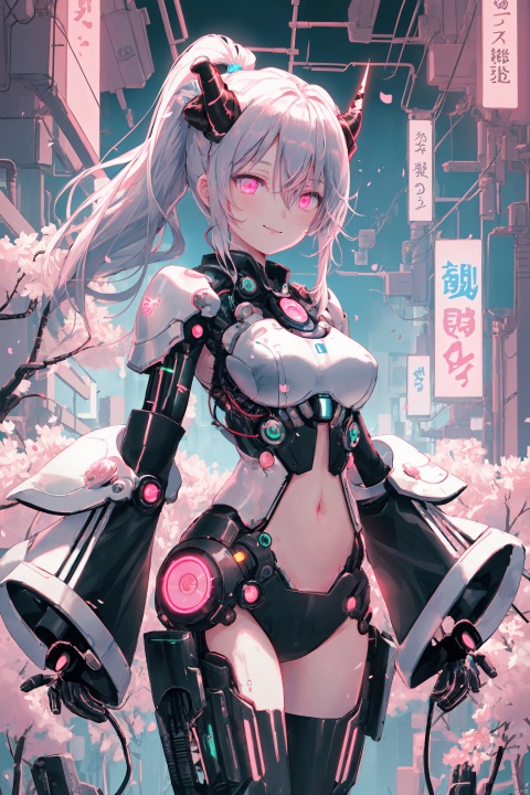 masterpiece,best quality,high quality,(colorful),[Artist miwano rag],[Artist chen bin],[Artist wlop],Artist Anmi,solo，White and pink，(cyberpunk)，A Biomime Girl，smile，silver white long hair, Mechanical Demon Horn, beautiful pink eyes,high ponytail, (hair between eyes), medium breasts，(Technology Machinery Chest), Mechanical headgear，Abdominal hollow，(Split sleeves), cherry blossom trees, cherry blossoms, petals, frosted, gilded embellishments, neon lights, technology energy tubes, glowing eyes, future technology, technology armor, circuit textures, LED lights, light strips, metal patterns