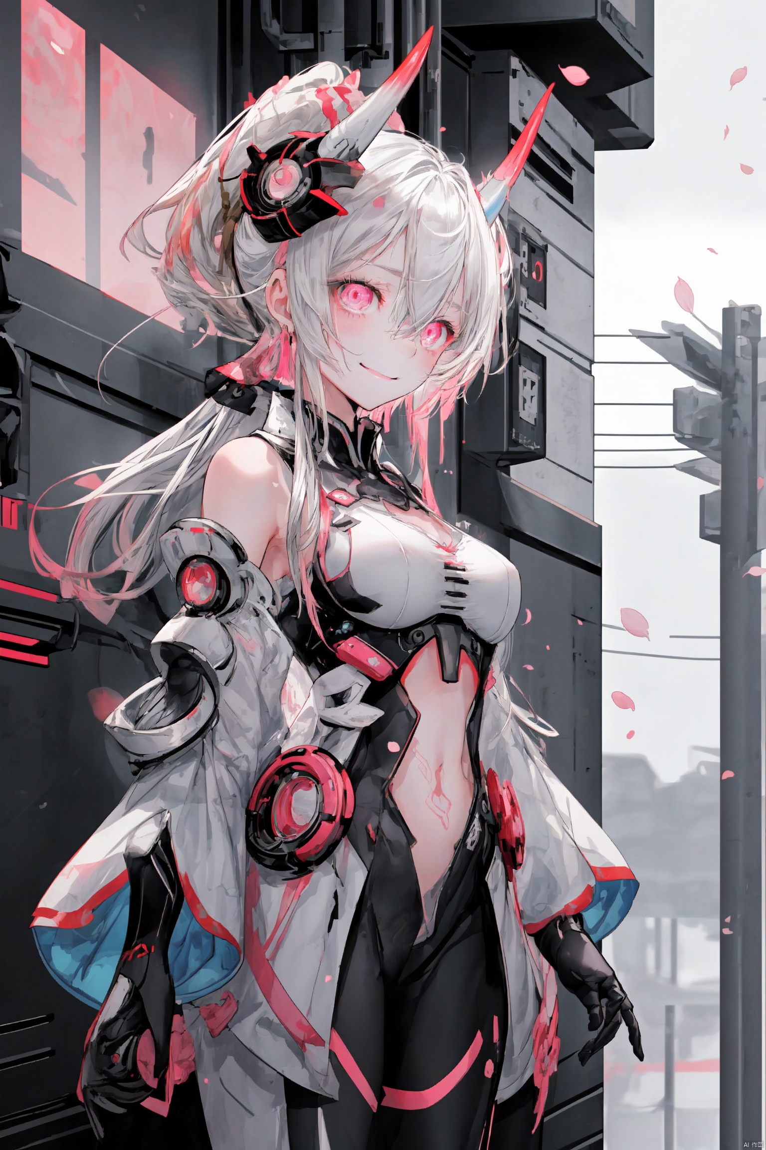 masterpiece,best quality,high quality,(colorful),[Artist miwano rag],[Artist chen bin],[Artist wlop],Artist Anmi,solo，White and pink，(cyberpunk)，A Biomime Girl，smile，silver white long hair, Mechanical Demon Horn, beautiful pink eyes,high ponytail, (hair between eyes), medium breasts，(Technology Machinery Chest), Mechanical headgear，Abdominal hollow，(Split sleeves), cherry blossom trees, cherry blossoms, petals, frosted, gilded embellishments, neon lights, technology energy tubes, glowing eyes, future technology, technology armor, circuit textures, LED lights, light strips, metal patterns