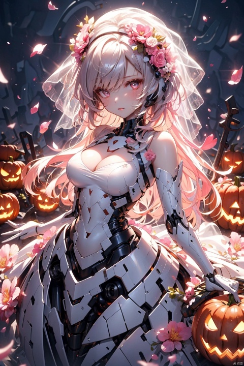  jack-o'-lantern,Skeleton Bride, Holding flowers in the hand, Wearing a wedding dress, Wait at the cemetery, So many details., hell, jiangchen, blackmagic, Pink Mecha