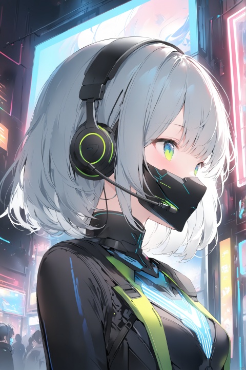  masterpiece,best quality,high quality,(colorful),[Artist miwano rag],[Artist chen bin],[Artist wlop],Artist Anmi,solo，cyberpunk，intricate mechanical bodysuit，mecha corset，Headset，glowing body，girl，neon lights，Exquisite profile，Very beautiful eyes，(intricate mechanical mask)，portrait